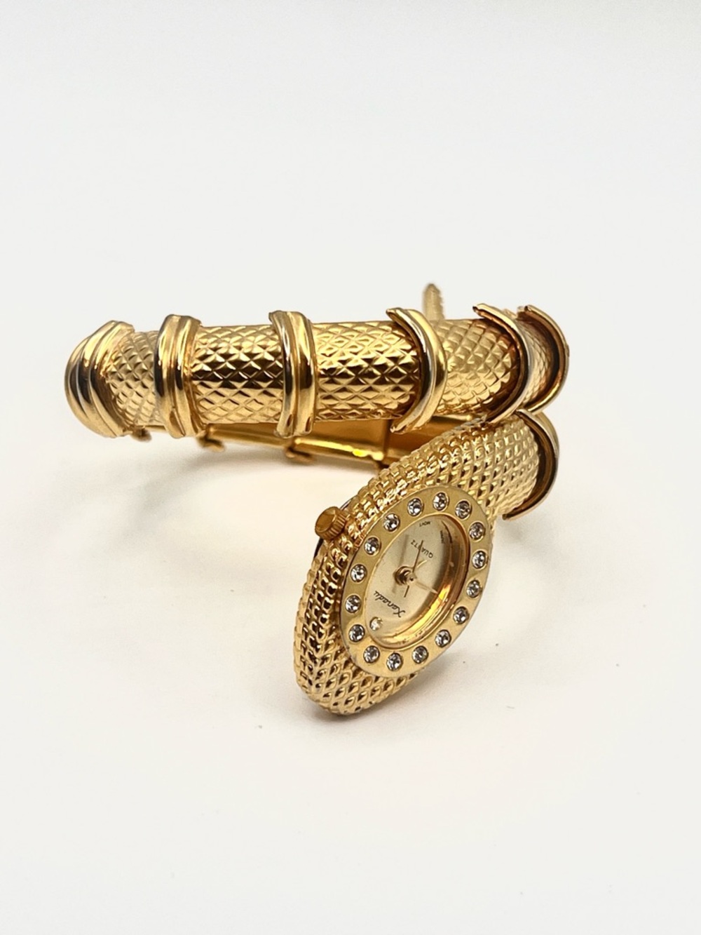 Xanadu Womens Gold Snake Serpentine Wrap Bracelet Watch with Crystal Accents